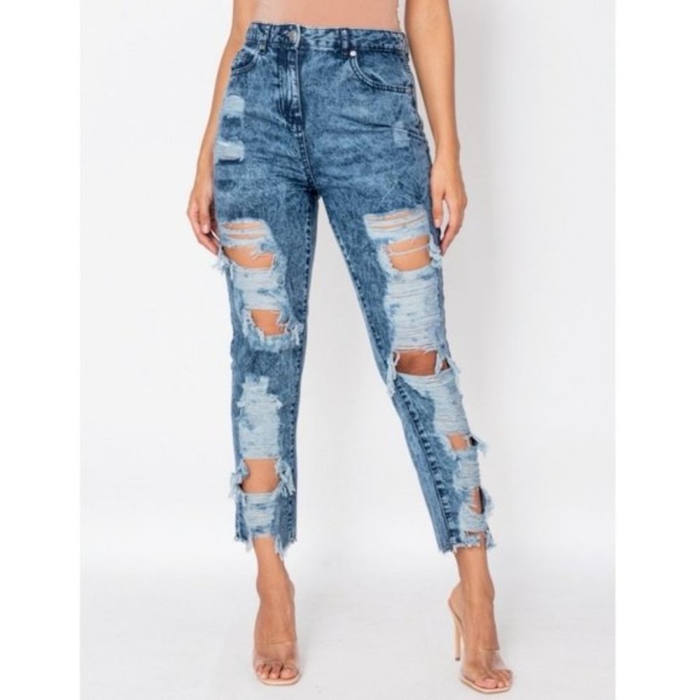 Blue Acid Wash High Waist Ripped Distressed Boyfriend Jeans Denim - Picture 5 of 9